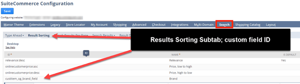 SuiteCommerce Configuration page with arrows pointing at Results Sorting Subtab.