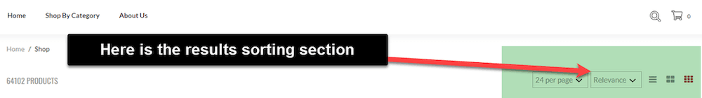 Green highlight section with message saying Here is the results sorting section.