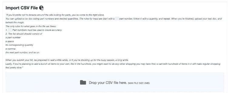 Import CSV File page with a message shown below.