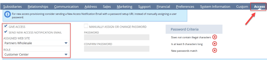 Customer Record Access subtab with the Access button highlighted.