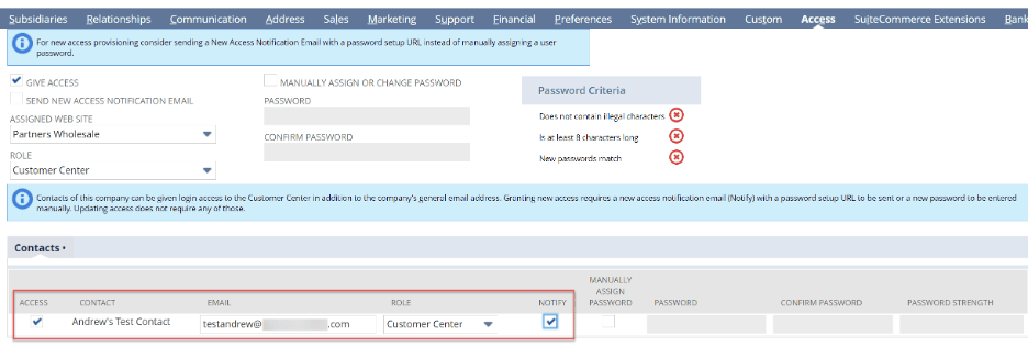 NetSuite contact access permissions page.