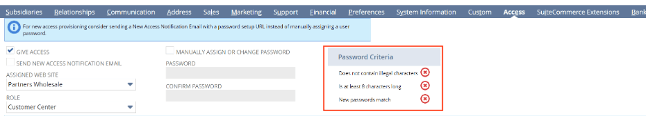 A page highlighting the NetSuite password criteria.