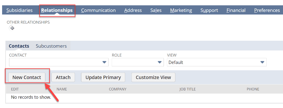 A screenshot showing the relationships new contact button under the Relationships tab.