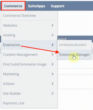 Commerce dropdown menu with Extensions and Extension Manager tabs open.