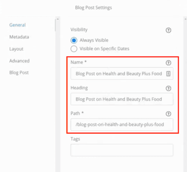 Blog Post settings page with three fields highlighted.