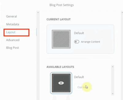 Blog Post Settings with the Layout button highlighted.