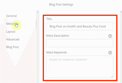 Blog Post Settings page with Metadata button emphasized.