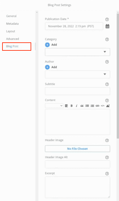 Full view of the Blog Post Settings tab.