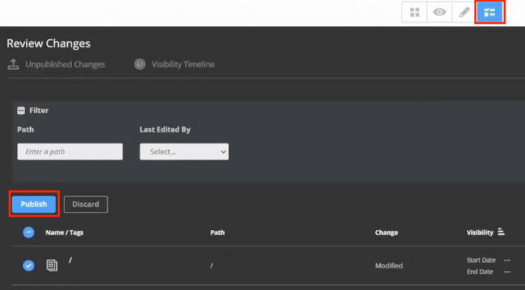 Review Changes page with the Publish button highlighted.