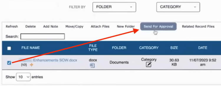 Arrow pointing to the button to send a document for approval.