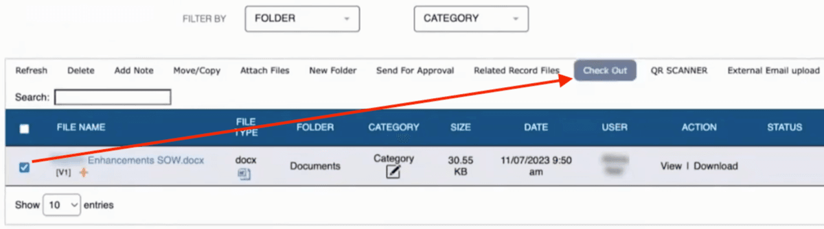 NetSuite document page with an arrow pointing at the Check Out button.