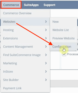 NetSuite navigation on commerce page to websites and configuration tabs.