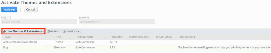 Activate Themes and Extensions Tab