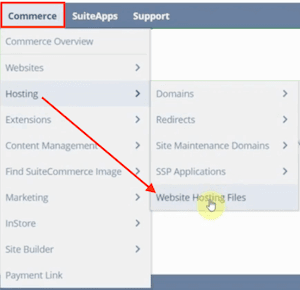 NetSuite navigation on commerce, hosting to website hosting files page.