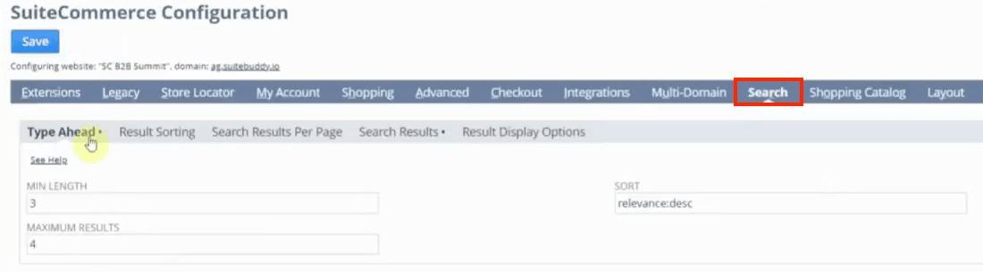SuiteCommerce configuration page with the search button pressed.