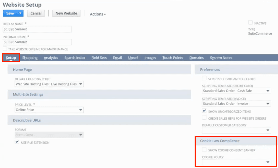 Website Setup page with the Cookie values highlighted.
