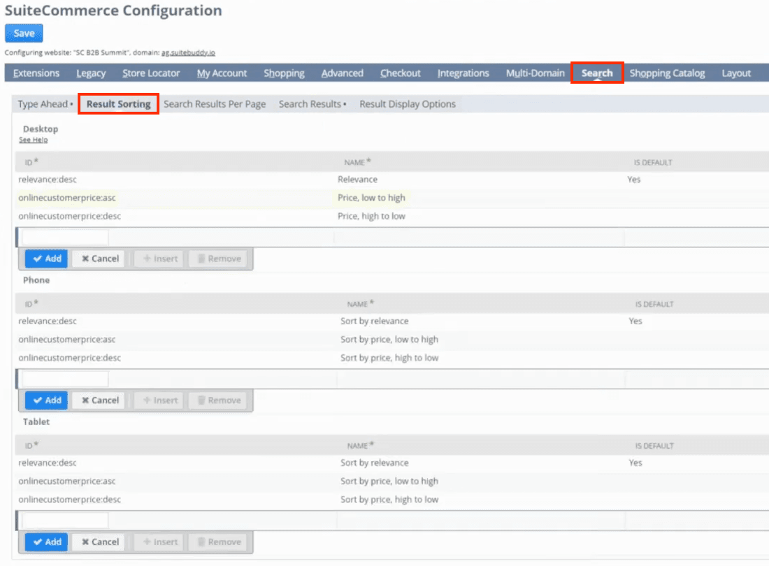 SuiteCommerce configuration page with the Result Sorting button highlighted.