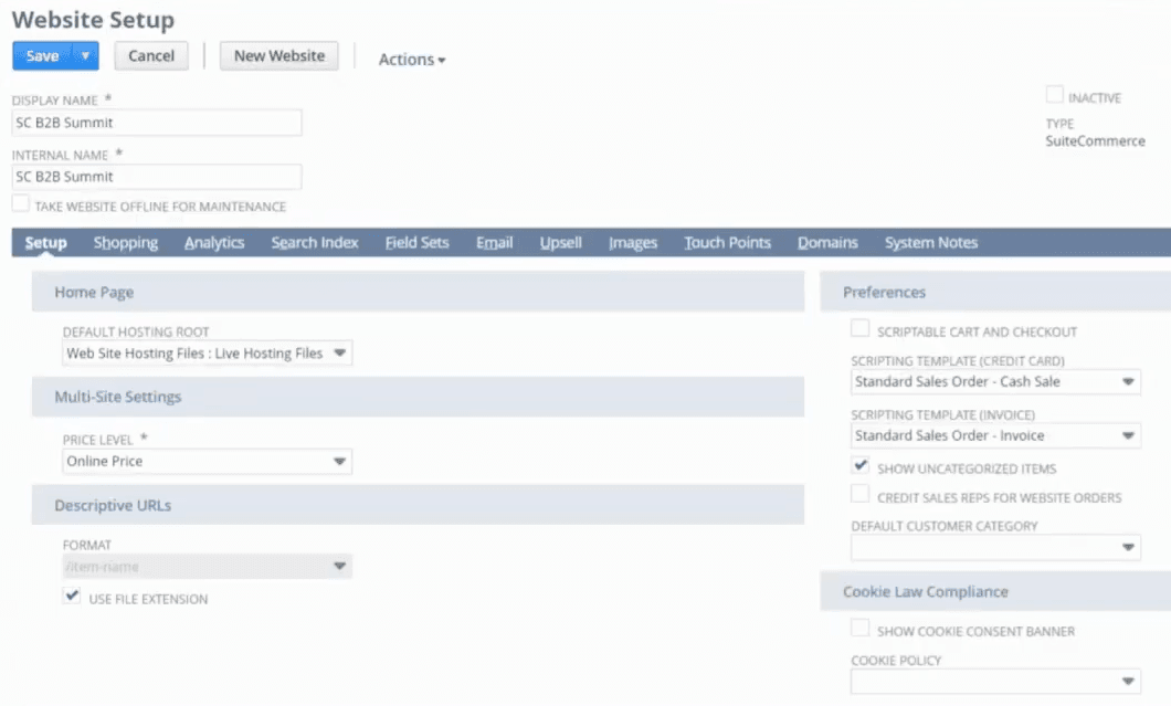 SuiteCommerce Website Setup record page.