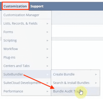 NetSuite page on the Customization dropdown menu path for Bundle Audit Trail.