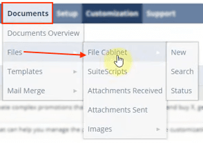 NetSuite navigation from Documents dropdown to File Cabinet.