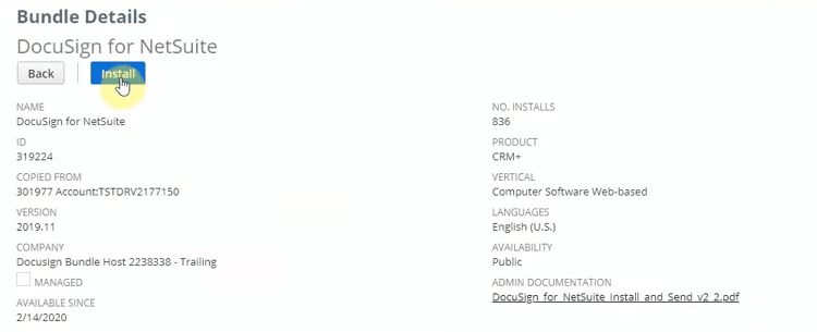 NetSuite Bundle Details page with the Install button highlighted.