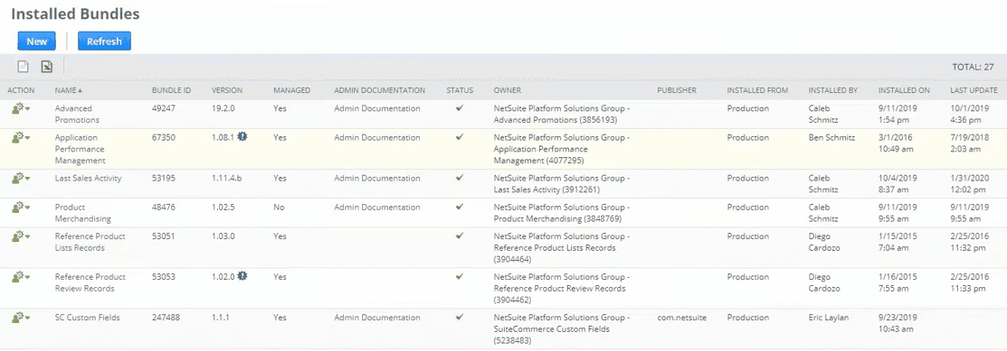 A list of installed bundles in a NetSuite page.