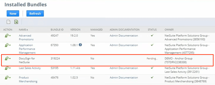 NetSuite installed bundles with an example of pending Docusign status.