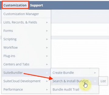 NetSuite navigation to Search and Install Bundles from the Customization dropdown.