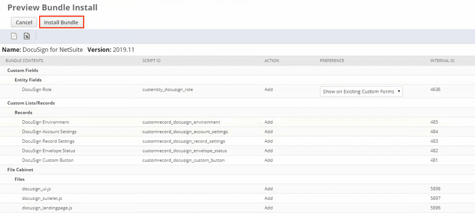Preview Bundle Install page with highlighted configurations.