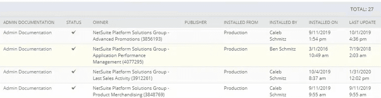 NetSuite Installed bundles view with data in columns.