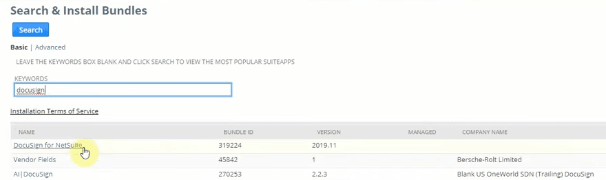 Search and Install Bundles page with example values.