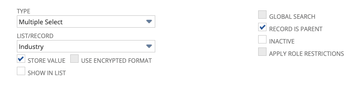 Configuration page with Multiple Select under the type value.