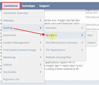 NetSuite navigation on Commerce page to Hosting and Redirects page.