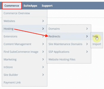 NetSuite navigation under the Commerce tab to Hosting and Redirects, then New.