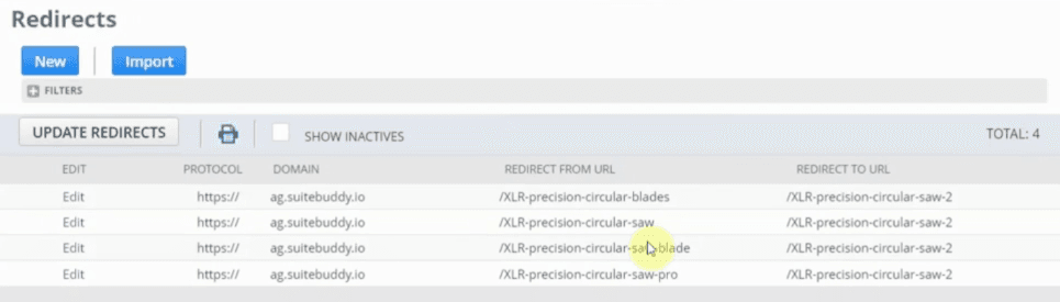 Redirects page with SuiteCommerce redirects listed below.
