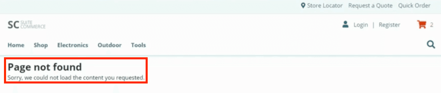 SuiteCommerce page with Not Found error shown.