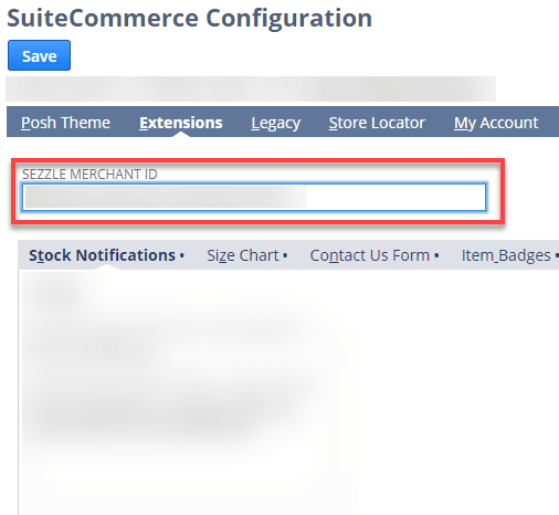SuiteCommerce Configuration page with the Sezzle Merchant ID field highlighted.