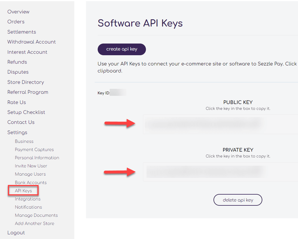 Software API Keys page with arrows indicating the Public and Private Key configurations.