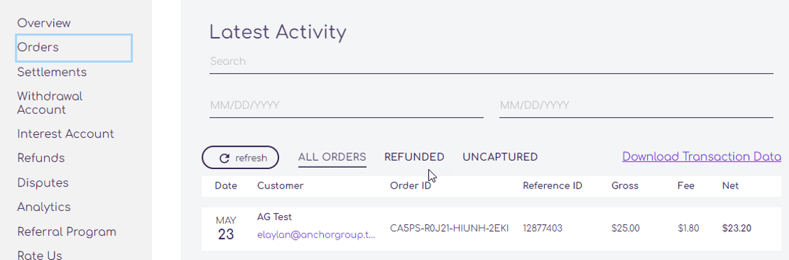 Orders page with Latest Activity page shown.