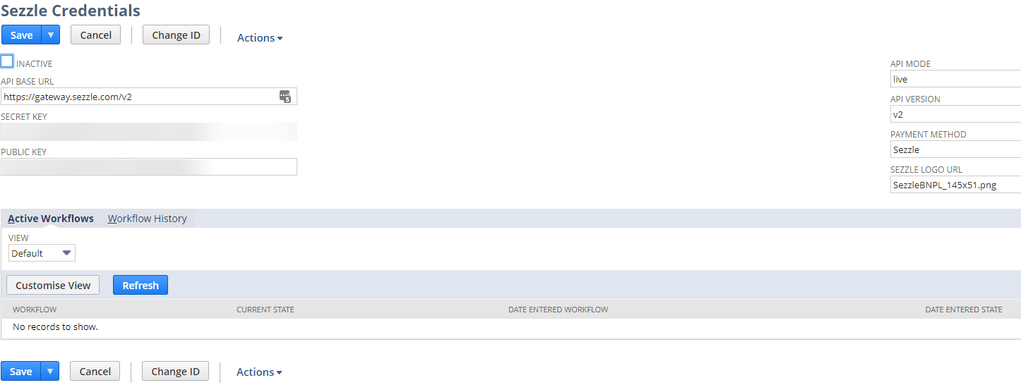Sezzle Credentials page with multiple fields holding example information.