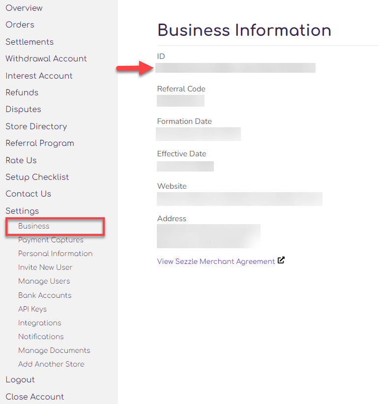 Business tab and Information form showed, with Merchant ID highlighted.