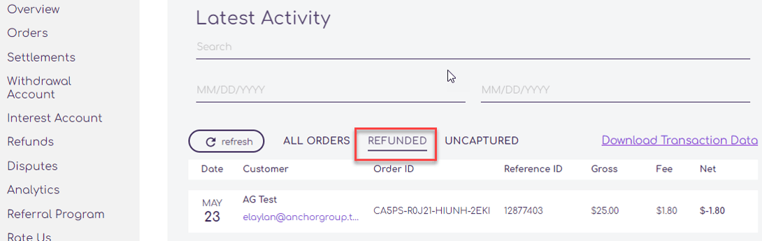 Latest Activity page with the Refunded button highlighted.