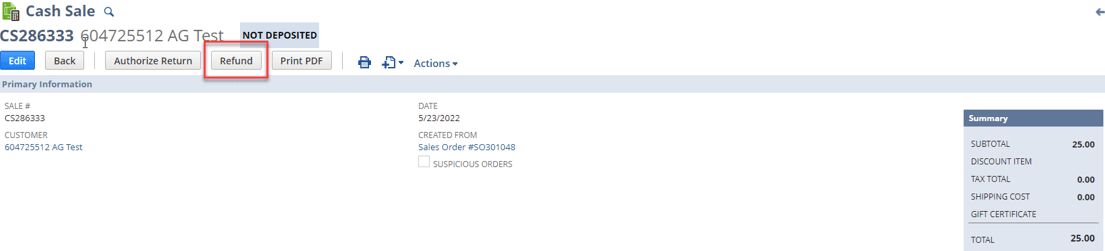 Cash Sale page with the refund record button highlighted.
