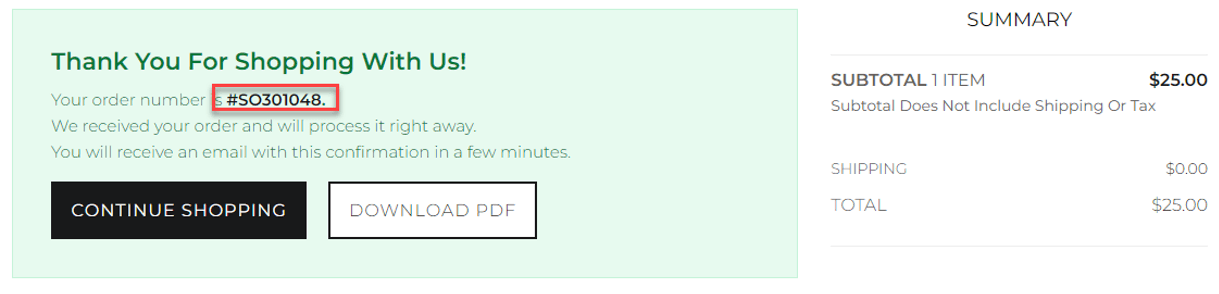 Confirmation page with the order number highlighted.