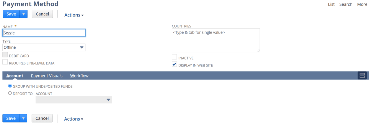 Payment Method page with examples of how to integrate with Sezzle.