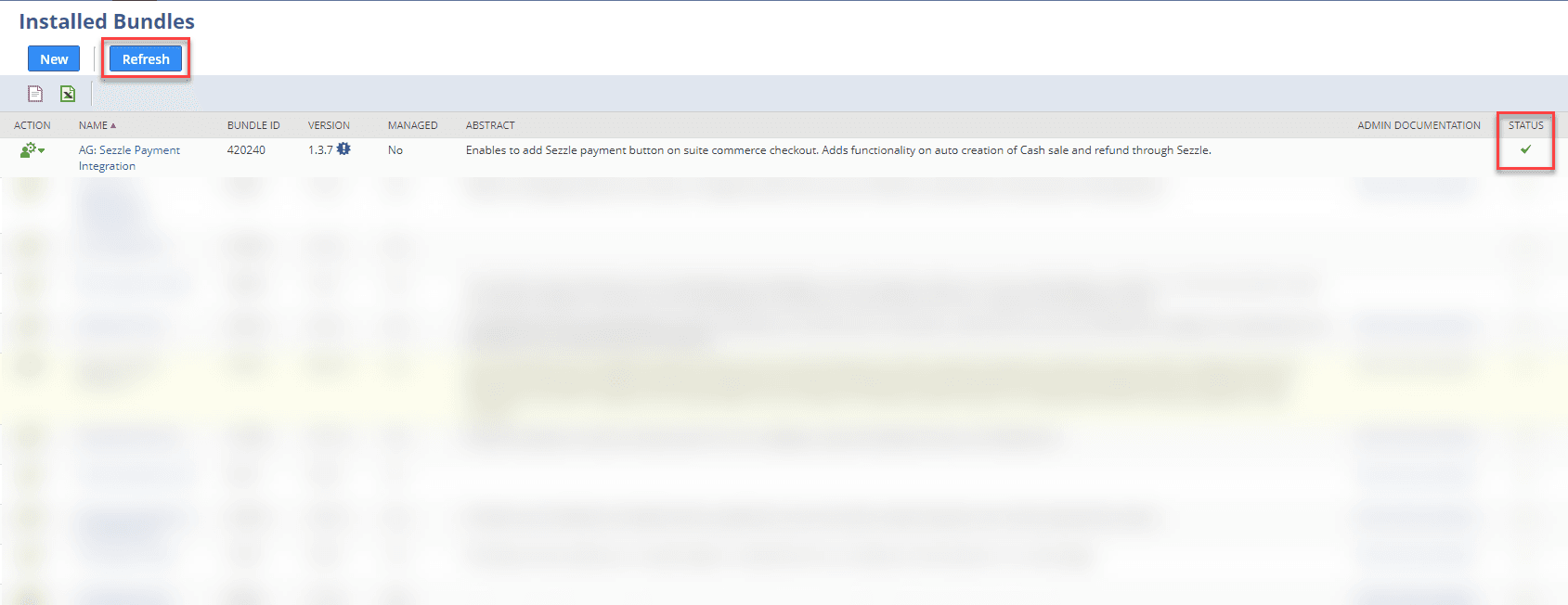 Sezzle Bundles page with the Status highlighted.