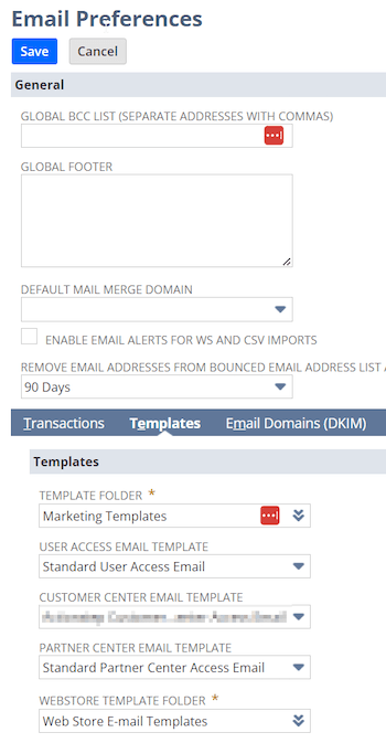 NetSuite Email Preferences page with steps to record templates.