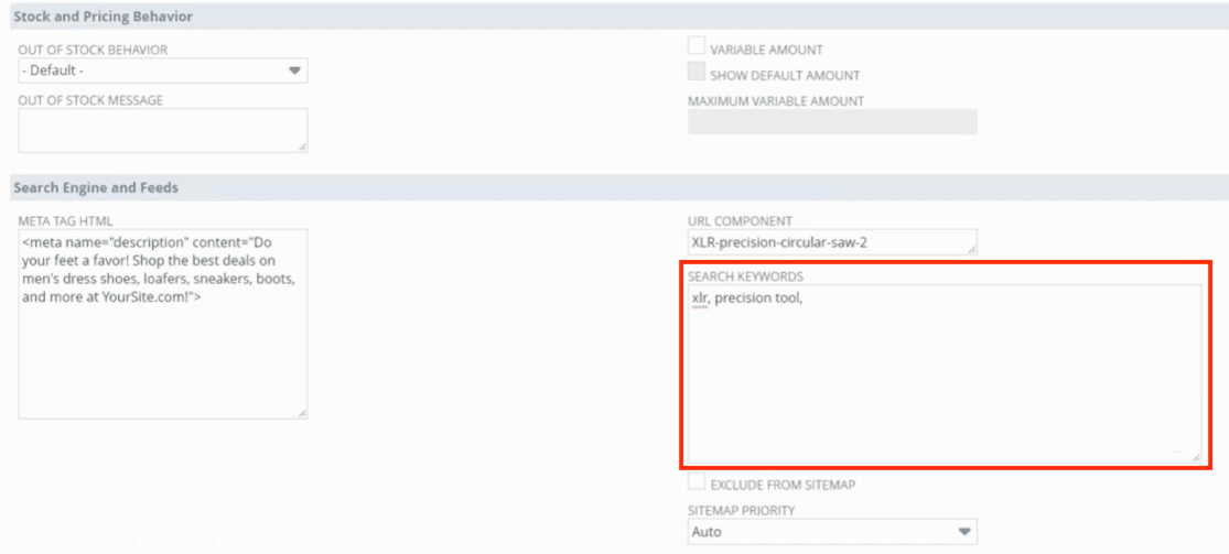 Example of completed search engine keywords field.