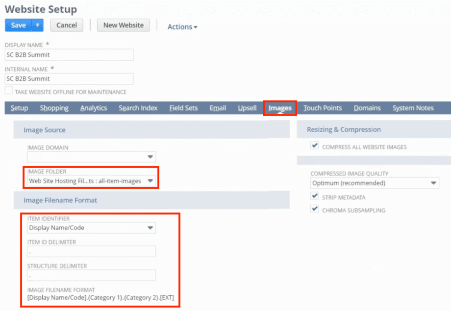 Website setup page with images tab highlighted.