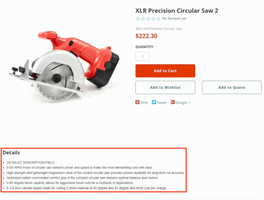 SuiteCommerce item page view with the detailed description highlighted.